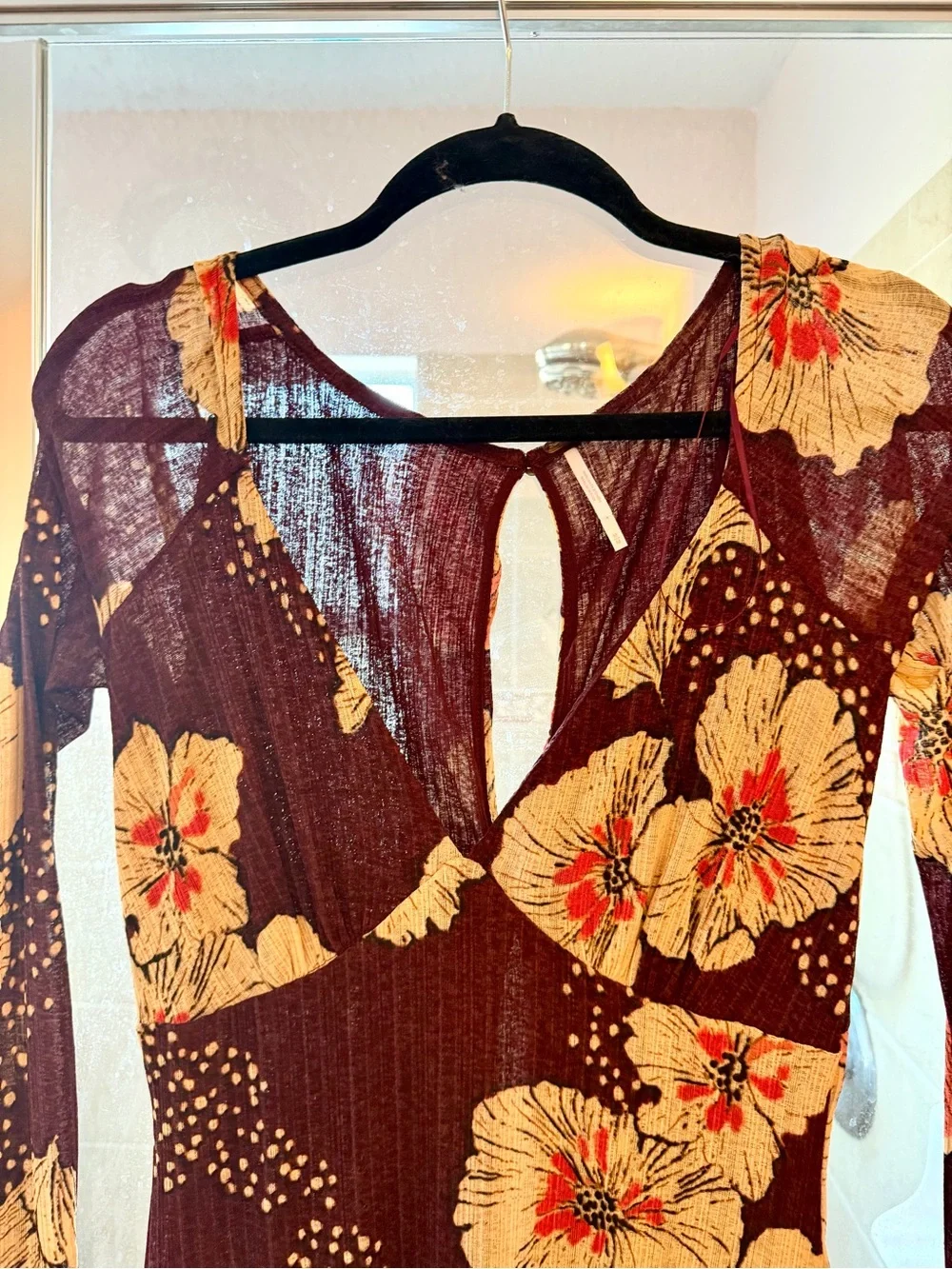 Free People Burgundy Floral Long Sleeve Maxi Dress Boho chic Sz m